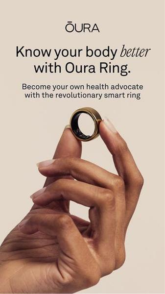 A high-quality studio shot of a smart ring held between fingers, featuring clean typography and a value-driven health message.